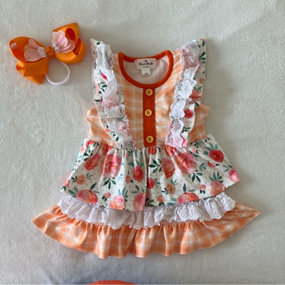 Marie Nicole Clothing Orange Plaid Floral Ruffle Dress - XXS(6/12mos)